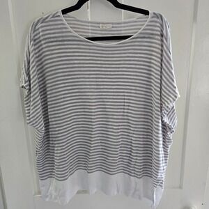 Eileen Fisher Womens Grey White Striped Linen Short Sleeve Knit Boxy Top, Size S
